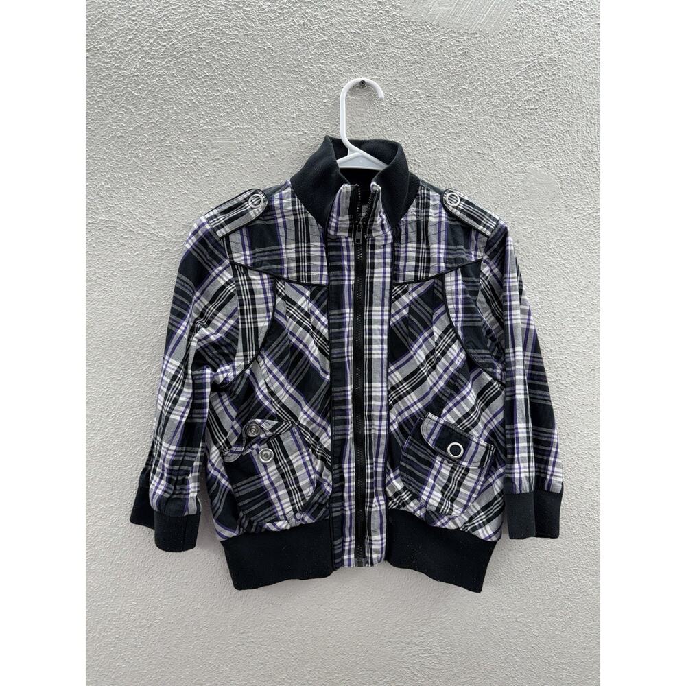 I.Q. Authentic Brand Womens Jacket Large Purple Plaid 3/4 Sleeve Zip Up Y2K